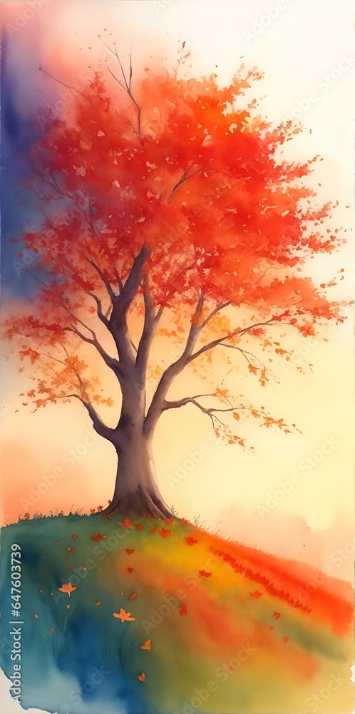 Majestic alone tree on a hill at mountain valley. Dramatic colorful morning scene. Red and yellow autumn leaves. Watercolor style. AI generated illustration