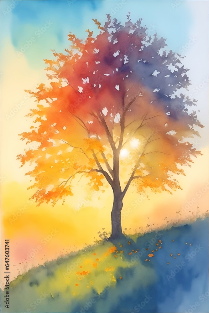 Majestic alone tree on a hill at mountain valley. Dramatic colorful morning scene. Red and yellow autumn leaves. Watercolor style. AI generated illustration
