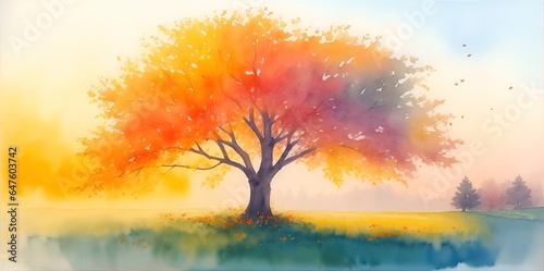 Majestic alone tree on a hill at mountain valley. Dramatic colorful morning scene. Red and yellow autumn leaves. Watercolor style. AI generated illustration