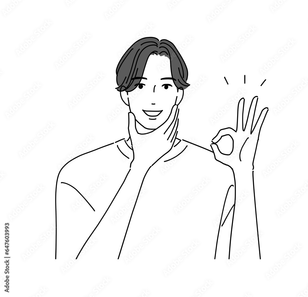 肌を触って笑顔になる男性