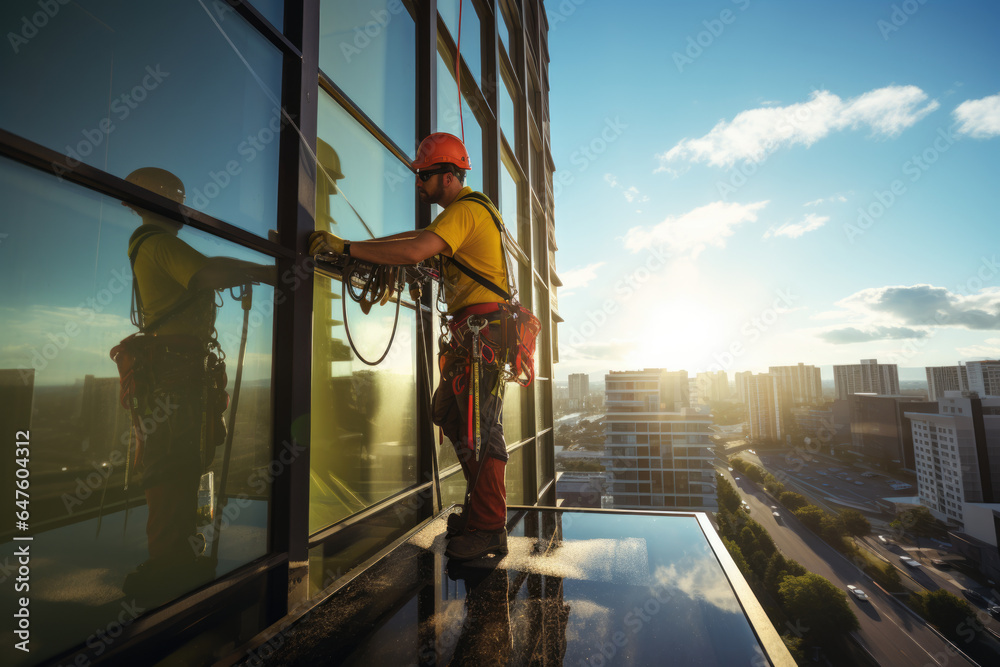 A window cleaner hangs from a high-rise building to clean windows A window cleaner hangs from a high-rise building to clean windows