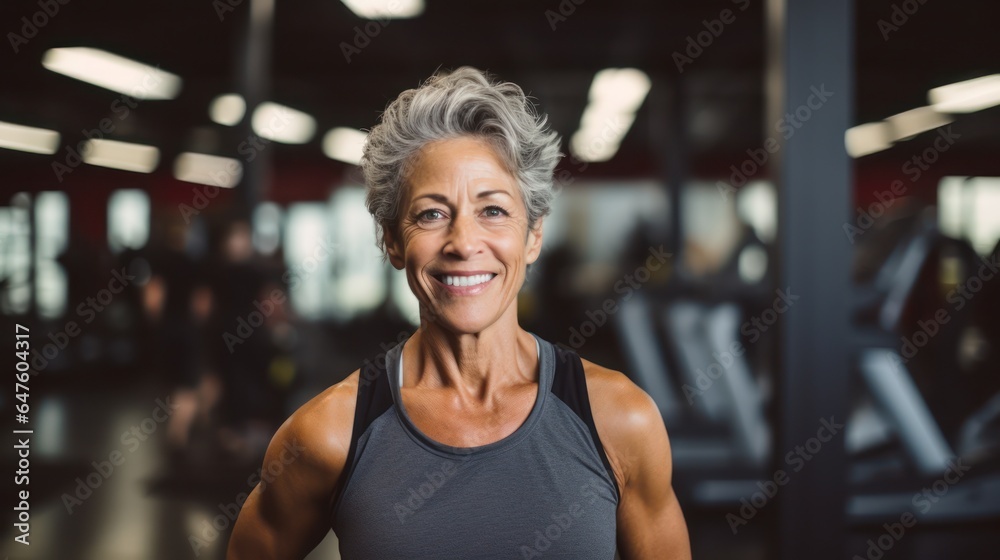 Senior, woman, and gym portrait of a person happy about fitness, training, and exercise. Sports, happy. Smile, healthy body and face of senior woman after training, exercise, and sports goals.