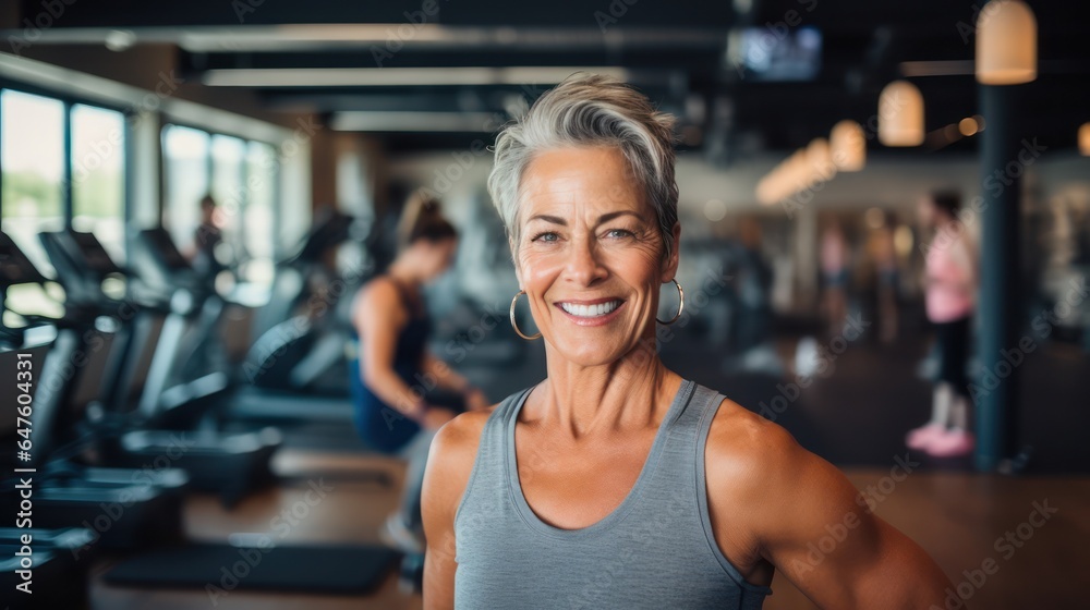 Fototapeta premium Senior, woman, and gym portrait of a person happy about fitness, training, and exercise. Sports, happy. Smile, healthy body and face of senior woman after training, exercise, and sports goals.