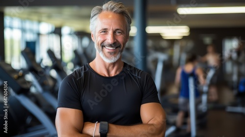 Motivation, fitness and portrait of asenior man in gym wellness and cardio workout. Smile, healthy body and face of senior male after training, exercise and sports goals photo