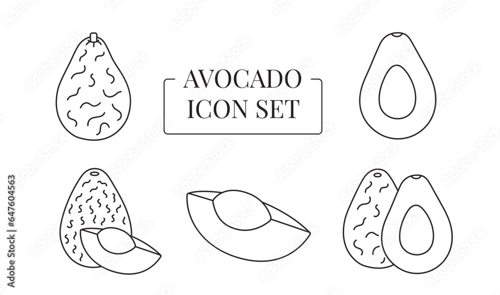 Avocado fruit whole and half, cut into slices, set of line icons in vector.