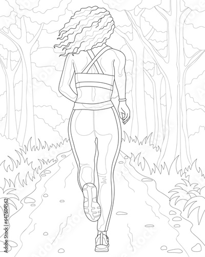Coloring book for adults. Young woman jogging in the park.