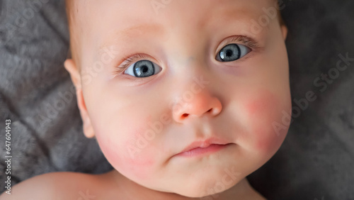 Baby girl with allergic reaction on cheekbones looks at camera. Small child with big blue eyes and red rash on cheeks portrait lying on bed closeup