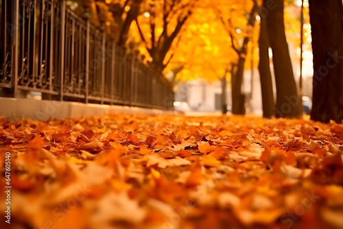 Beautiful autumn landscape with yellow trees and sun. Colorful foliage in the park. Falling leaves natural background