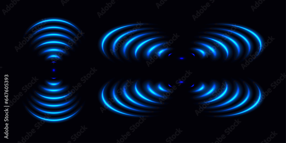 Wi-Fi light effect, Blue glowing signal sensor waves internet wireless connection. Wireless technology digital radar or sonar with glowing light effect. Vector - obrazy, fototapety, plakaty 