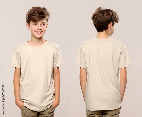 Front and back views of a little boy wearing a beige T-shirt