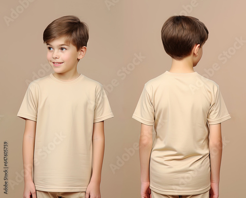Front and back views of a little boy wearing a beige T-shirt