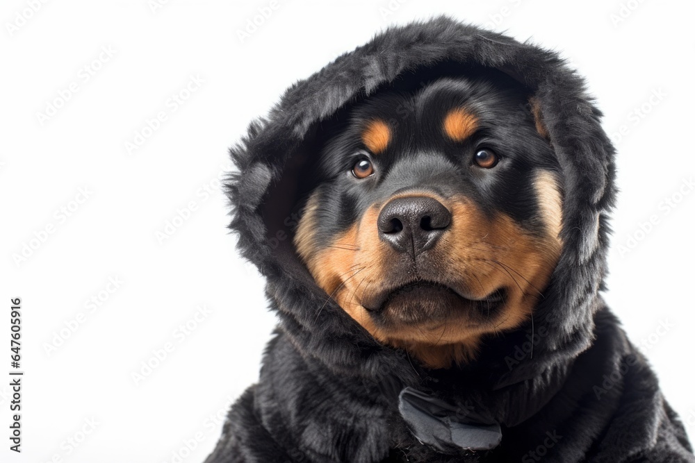 Close-up portrait photography of a happy rottweiler wearing a teddy bear costume against a white background. With generative AI technology Close-up portrait photography of a happy rottweiler wearing a teddy bear costume against a white background. With generative AI technology
