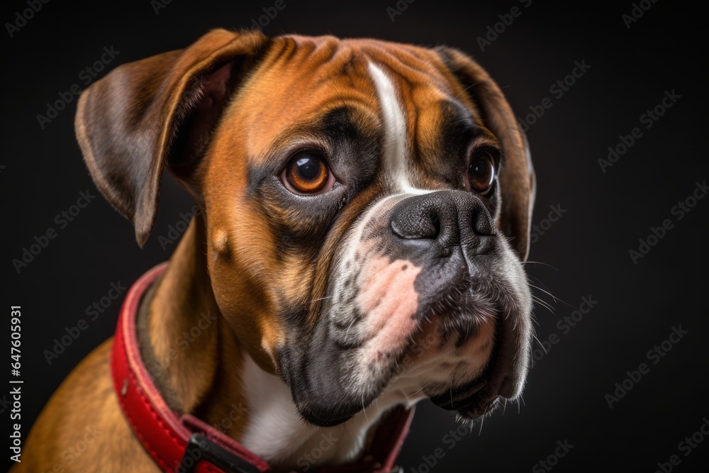 Close-up portrait photography of a cute boxer dog wearing a visor against a white background. With generative AI technology