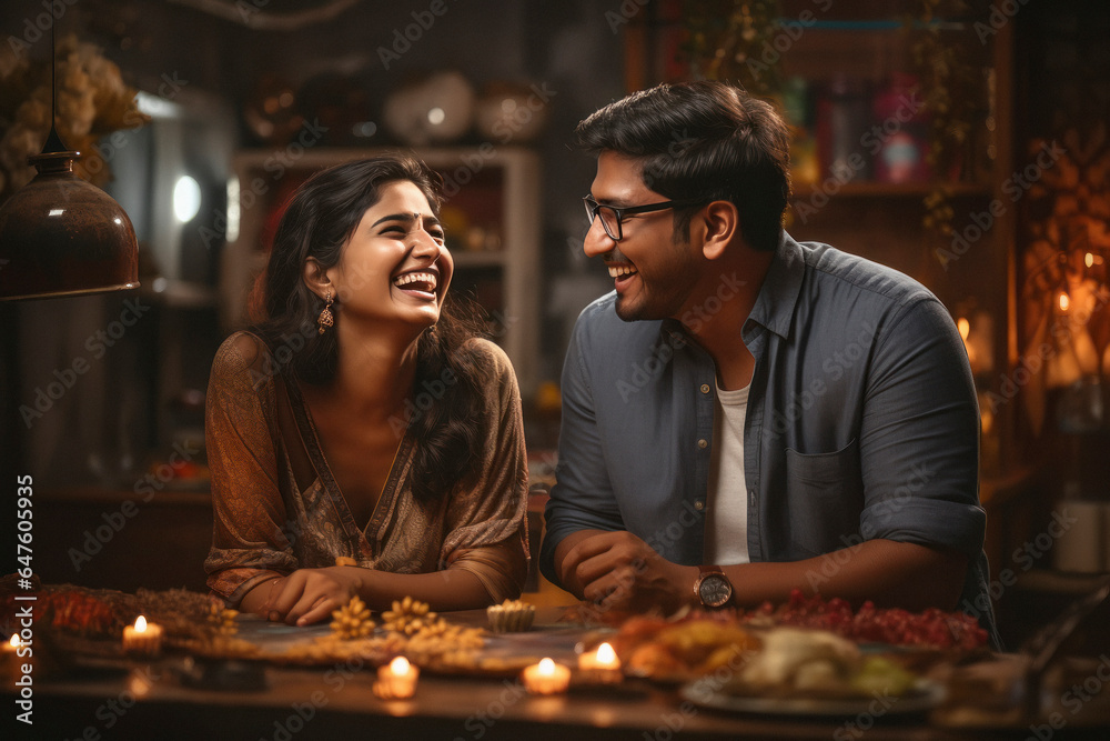 Indian couple celebrating diwali festival at home. Indian couple celebrating diwali festival at home.