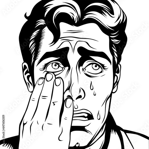 Crying young man wipes away tears with his hand, vector illustration in vintage pop art comic style, outline