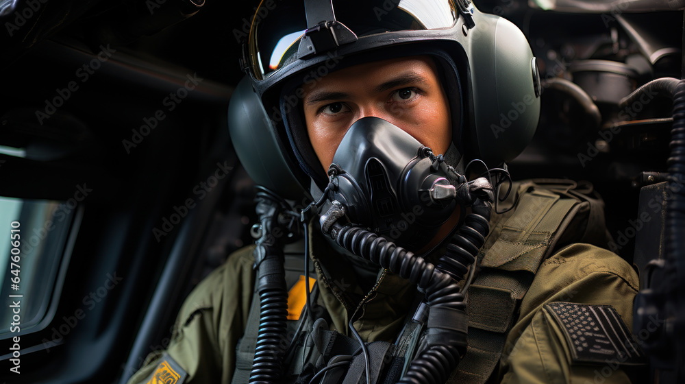 Soldier in a military helmet and mask in air force jet.