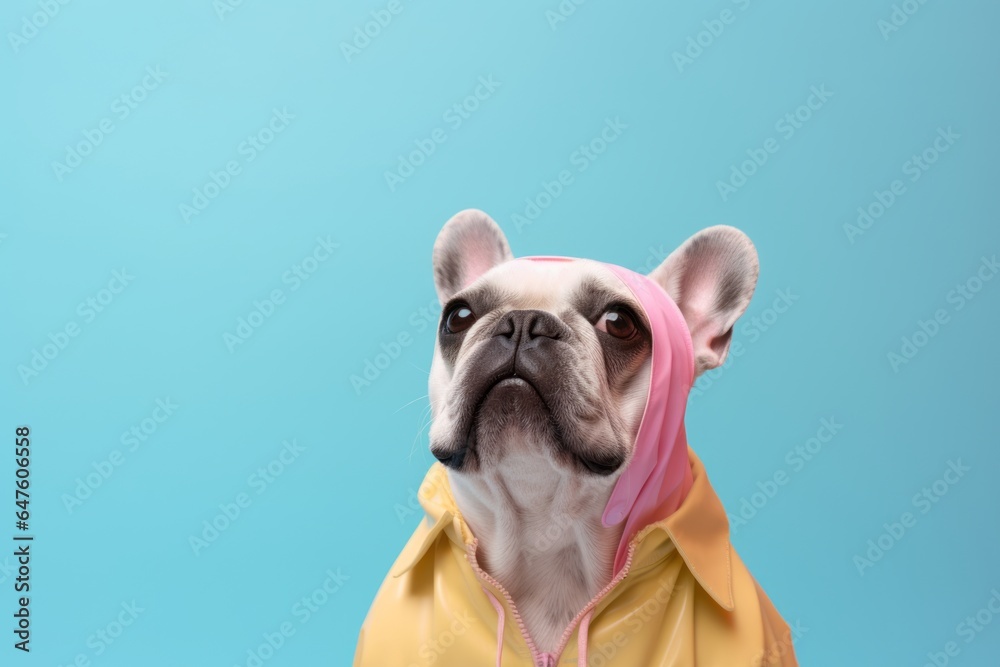 Environmental portrait photography of a funny french bulldog wearing a raincoat against a pastel or soft colors background. With generative AI technology