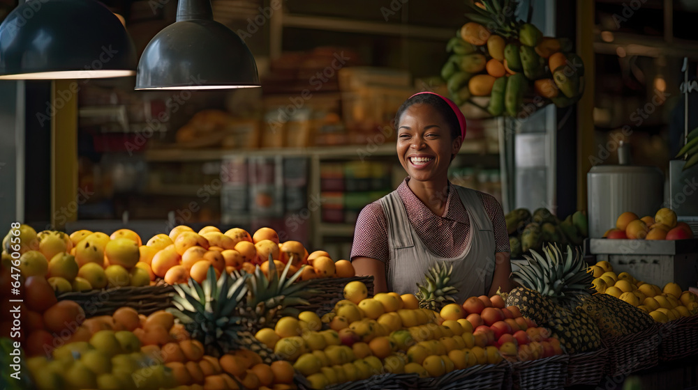 Joyful african american seller woman working in fruit shop. Generative Ai
