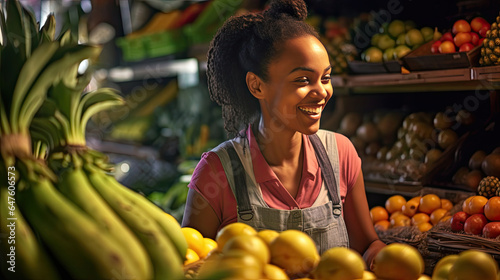 Joyful african american seller woman working in fruit shop. Generative Ai