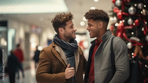 Gay interracial couple smiling at a mall going Christmas shopping. Generative AI.