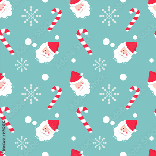 Seamless pattern for Christmas and New Year. The face (head) of Santa Claus on a blue background with white snowflakes and Christmas candy.