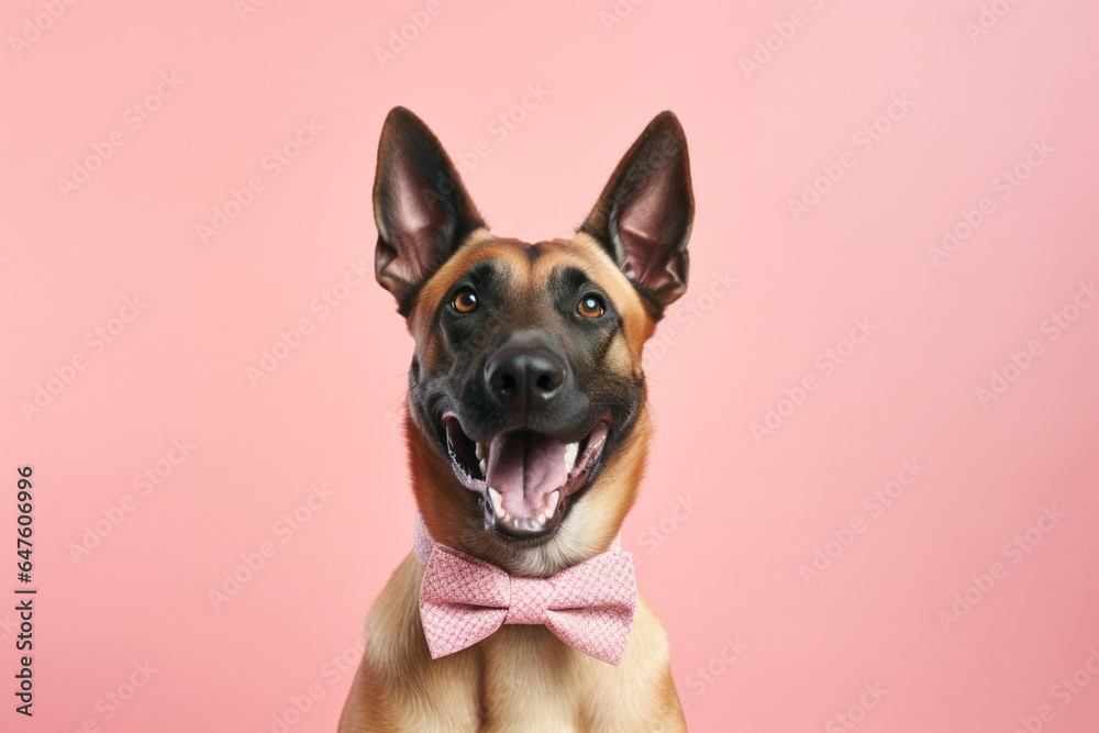 Close-up portrait photography of a smiling belgian malinois dog wearing a cute bow tie against a pastel or soft colors background. With generative AI technology