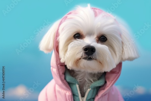 Headshot portrait photography of a funny maltese wearing a parka against a pastel or soft colors background. With generative AI technology