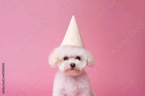Medium shot portrait photography of a cute bichon frise wearing a wizard hat against a pastel or soft colors background. With generative AI technology