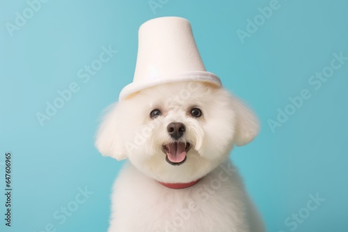 Medium shot portrait photography of a cute bichon frise wearing a wizard hat against a pastel or soft colors background. With generative AI technology photo