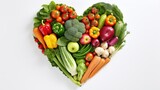 Vegetables collected in the shape of a heart on isolated white background, top view angle, generative ai