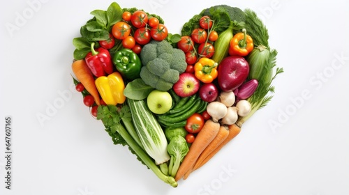 Vegetables collected in the shape of a heart on isolated white background  top view angle  generative ai