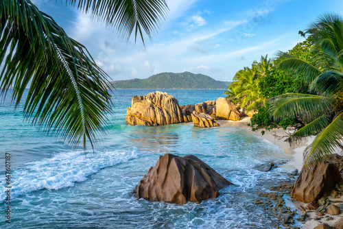 Fotografia Granite rocks and palm trees on the scenic tropical sandy Anse Patates beach, La