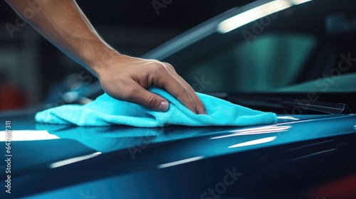 Auto mechanic wiping car surface with rag, close up, generative ai © GulArt