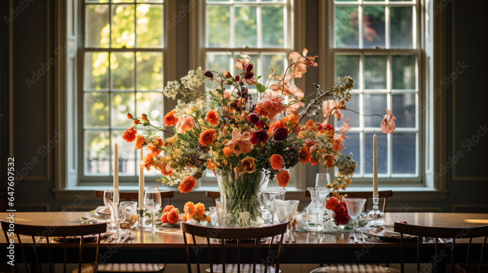 A dining room with a table chairs and a vase of flowers