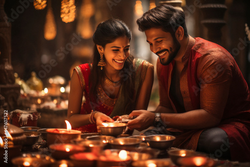 Indian couple celebrating diwali festival at home.