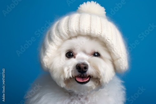 Close-up portrait photography of a smiling bichon frise wearing a winter hat against a royal blue background. With generative AI technology