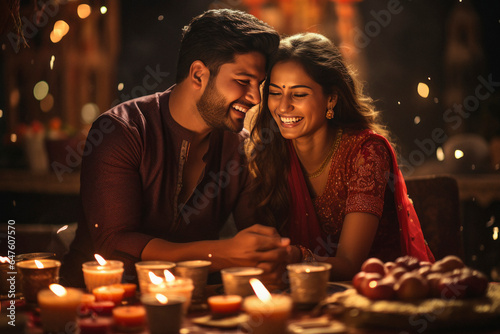 Indian couple celebrating diwali festival at home.