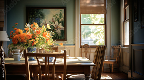 A dining room with a table chairs and a vase of flowers