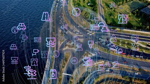 Intelligent Vehicles Cars Communicating Ai Logistic Autonomous Delivery Vehicles IoT GPS Tracking Satellite 5G Smart Roads Traffic Road Junction Interchange Motorway Triangulation Of Traffic Data