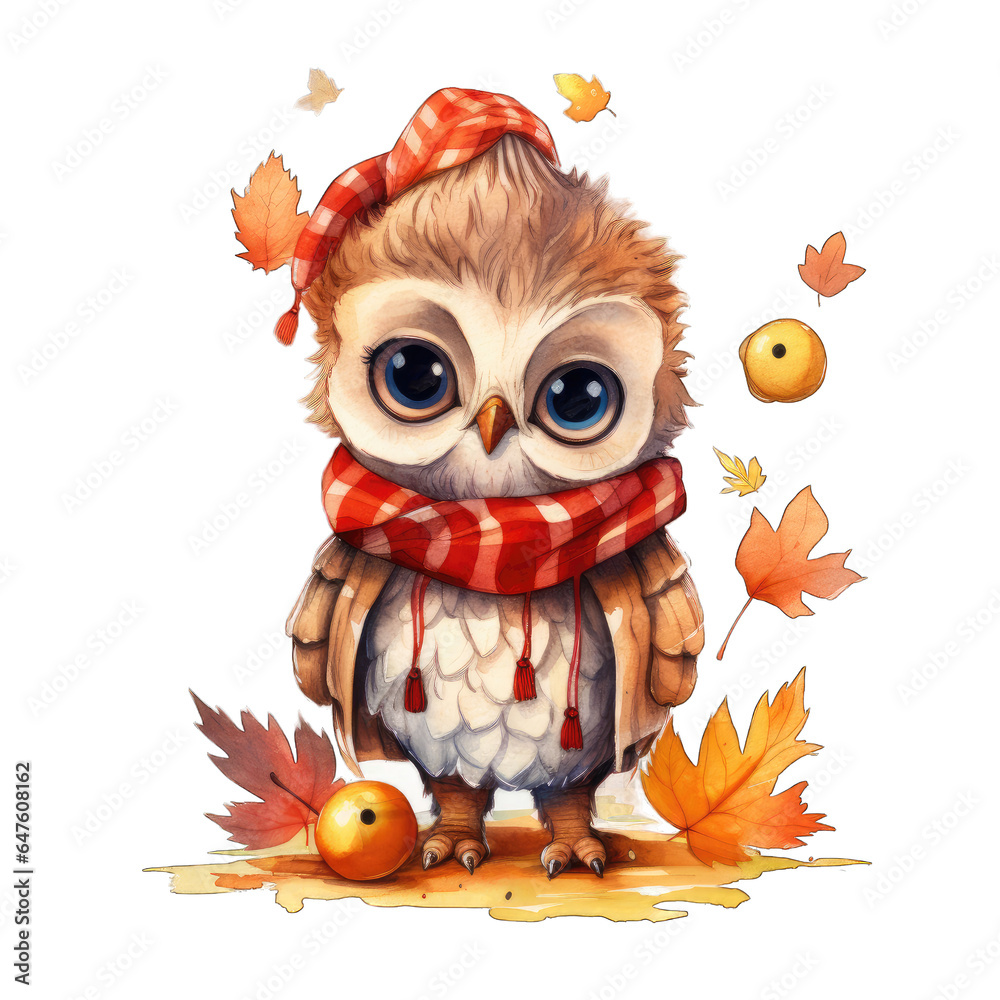 Watercolor owl illustration. Cute bird wearing hat. Owl with flowers Watercolor owl illustration. Cute bird wearing hat. Owl with flowers