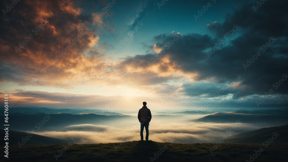 Silhouette of lonely person looking at mountain and nature view. Lonely man standing in fantasy landscape with shining cloudy sky. Meditation and spiritual life. (Productive AI)