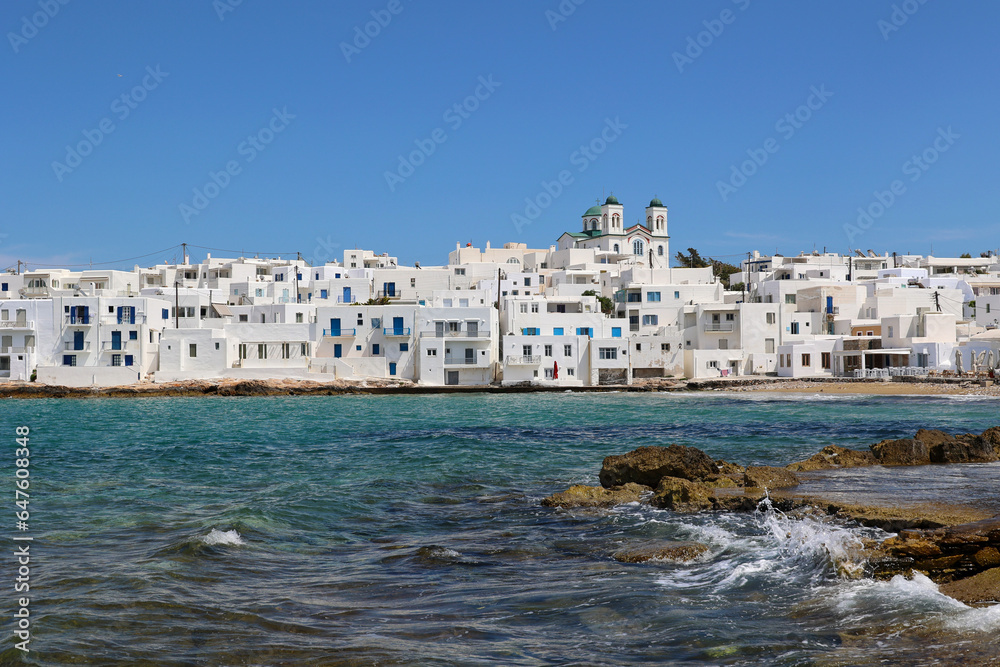 White houses on the coast of Naoussa on the Cyclades island of Paros