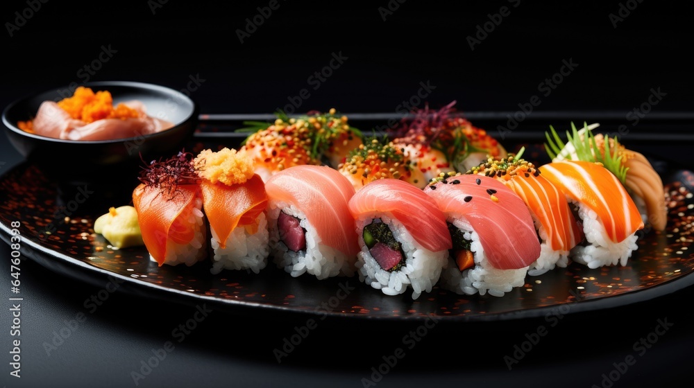Japanese sushi rolls set on black plate on dark table, generative ai Japanese sushi rolls set on black plate on dark table, generative ai