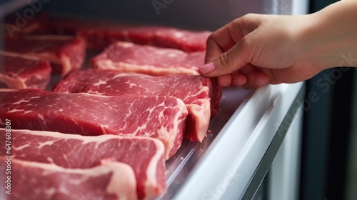 Woman hand taking meat beef from refrigerator, close up, generative ai