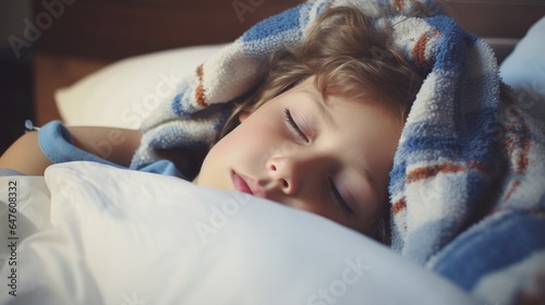 Sick child sleeping in bed covered with a blanket, close up, generative ai