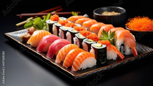 Japanese sushi rolls set on black plate on dark table, generative ai