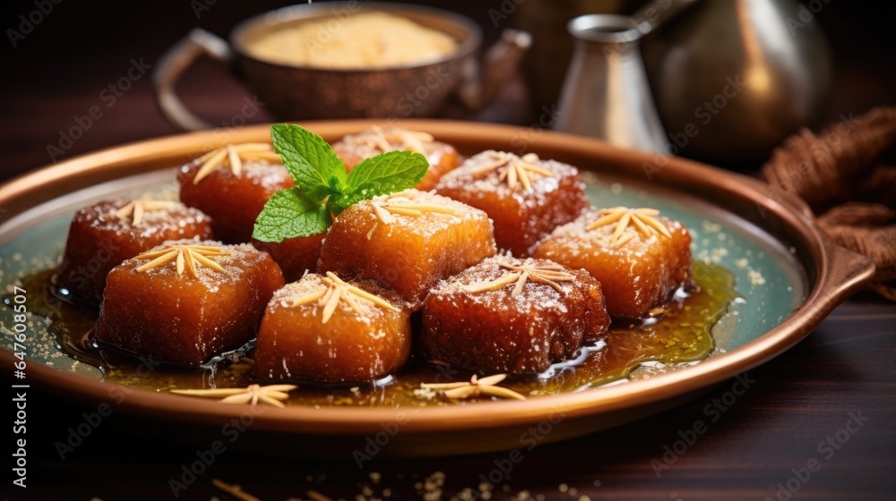 Sweet baked dessert with caramel sauce, turkish and arabian food concept, generative ai Sweet baked dessert with caramel sauce, turkish and arabian food concept, generative ai