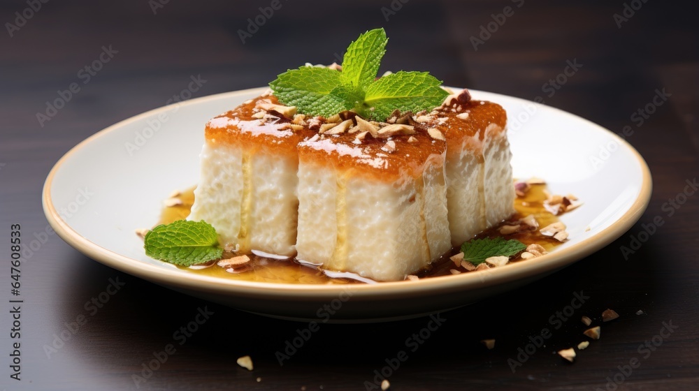 Sweet baked dessert with caramel sauce, turkish and arabian food concept, generative ai Sweet baked dessert with caramel sauce, turkish and arabian food concept, generative ai