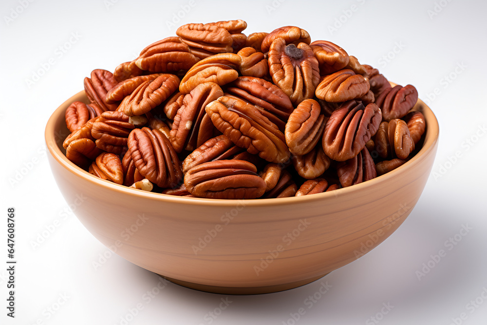 top view of Pecans in a bowl isolated on white background top view of Pecans in a bowl isolated on white background