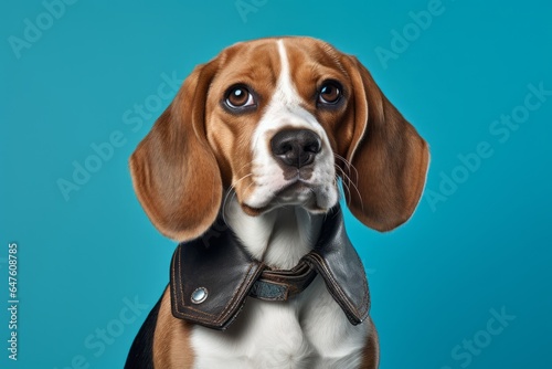 Close-up portrait photography of a cute beagle wearing a denim vest against a turquoise blue background. With generative AI technology